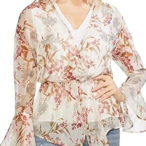 Vince Camuto Spring Flutter Cuff Peplum Whimsical Floral Blouse Size Large